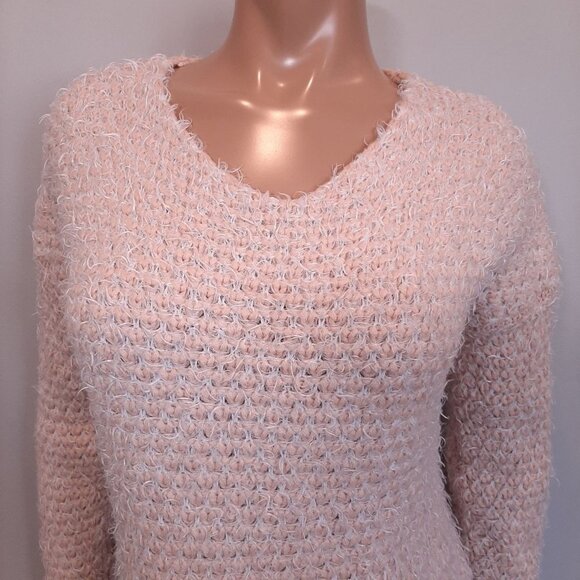 Silvian Heach Denim Fuzzy Peach Knit Vneck Sweater Womens Size XS Pink - Picture 6 of 10